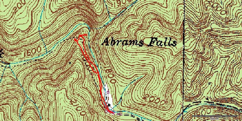 ~1mi roundtrip. This shows both the dangerous trail close to the creek and the safer high trail.