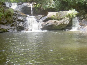 The main falls, a 25' double drop into a large pool.