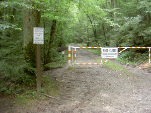 Trailhead beginning at the entrance to an old service road.