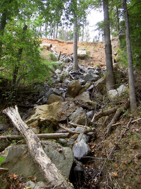 The trail is below the road for a good ways and has lots of evidence of washing down towards the trail