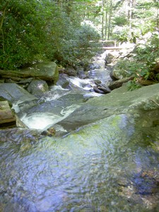 Looking down from the bridge at the falls at the 2nd bridge just below it