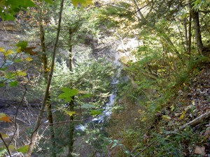 View of the falls on the trail that switchbacks to the base
