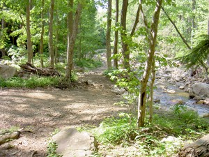 Parking and entrance area that is pretty much just river rock and gravel and debris.